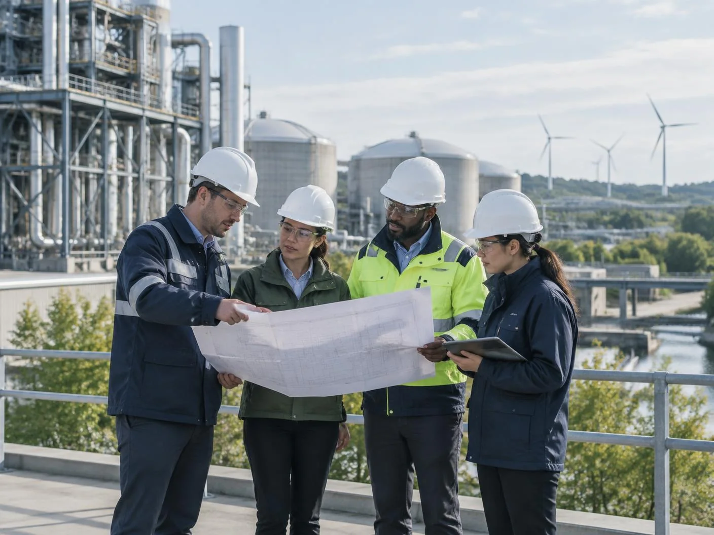 Equipe multidisciplinar de engenharia reunida em instalação industrial